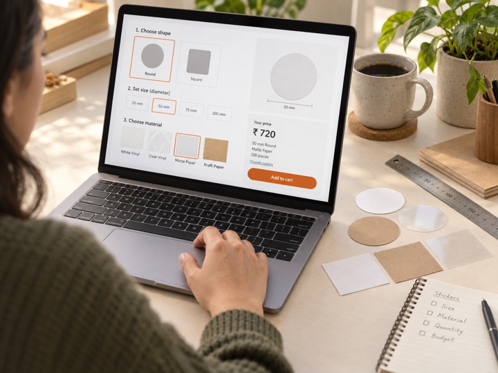 Customer choosing sticker shapes, sizes, and materials on a laptop